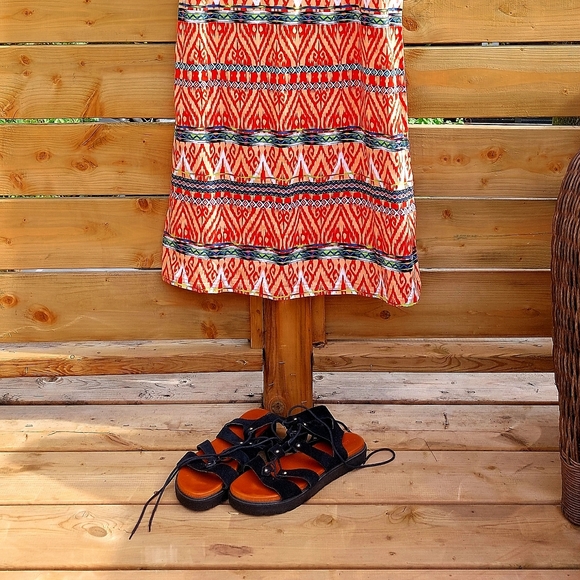 La Classe Couture orange red & white ikat print cotton/spandex maxi, L, NWOT - Picture 3 of 7